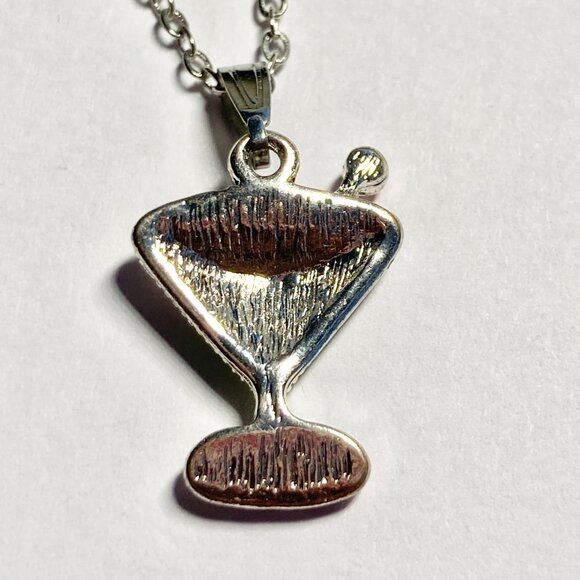 Martini Cocktail Drink Cup Glass Charm Necklace Pendant Green Enamel 18" Chain - Picture 6 of 9